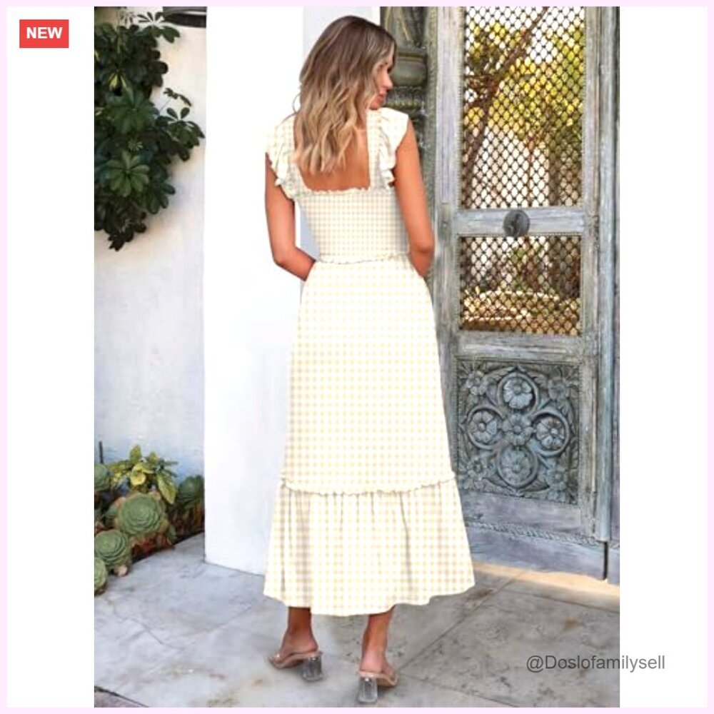 Sleeveless Maxi Dress Square Neck Smocked Boho Casual Ruffle Strap Flowy - Picture 5 of 7